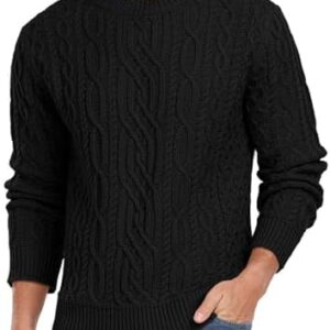 Hisir Mens Cable Knit Jumper UK Crew Neck Winter Jumpers Long Sleeve Pullover Sweater Tops for Men (Black, M) Fashion