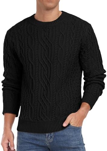 Hisir Mens Cable Knit Jumper UK Crew Neck Winter Jumpers Long Sleeve Pullover Sweater Tops for Men (Black, M) Fashion