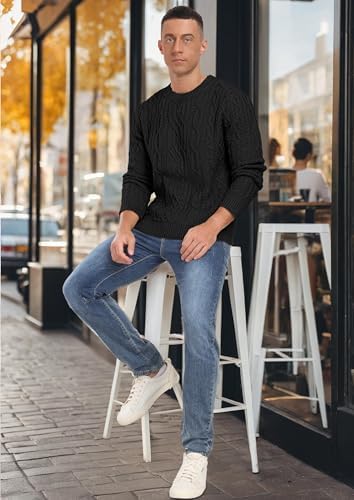 Hisir Mens Cable Knit Jumper UK Crew Neck Winter Jumpers Long Sleeve Pullover Sweater Tops for Men (Black, M) Fashion - Image 3