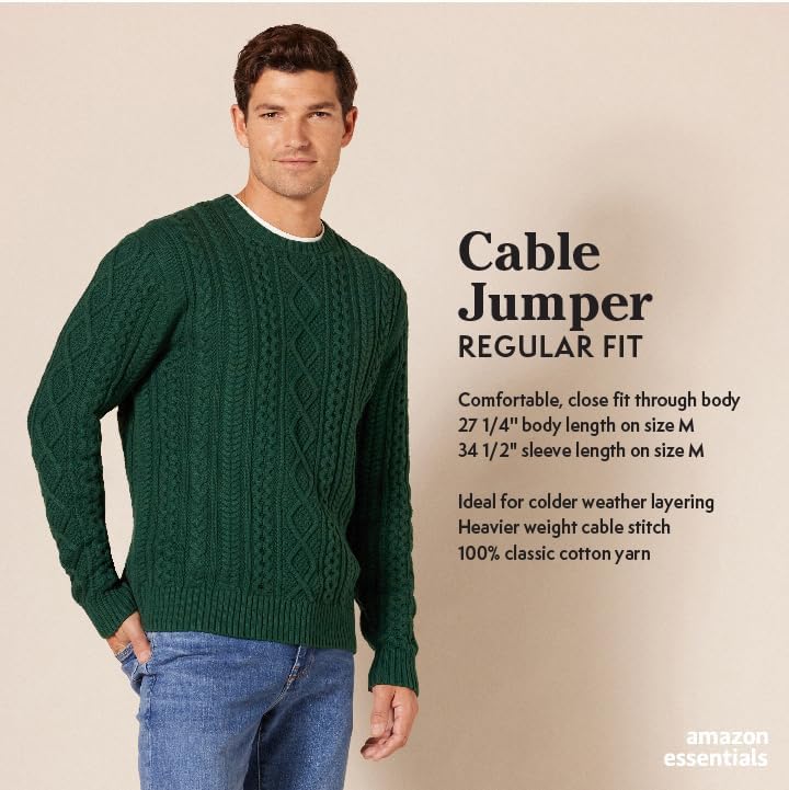 Essentials Men's Long-Sleeve 100% Cotton Fisherman Cable Crewneck Jumper, Navy, XXL Fashion - Image 2